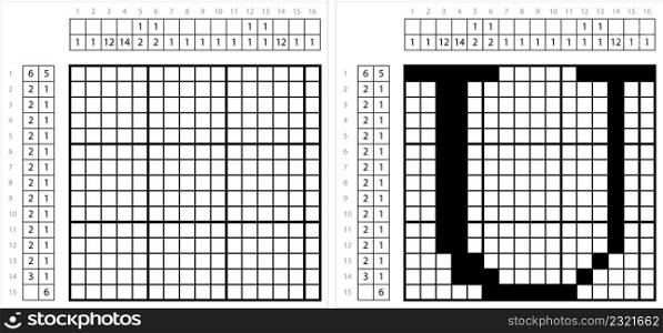 Alphabet U Nonogram Pixel Art, Character U, Language Letter Graphemes Symbol Vector Art Illustration, Logic Puzzle Game Griddlers, Pic-A-Pix, Picture Paint By Numbers, Picross