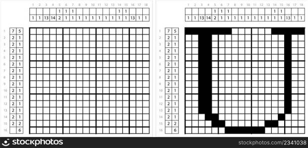 Alphabet U Nonogram Pixel Art, Character U, Language Letter Graphemes Symbol Vector Art Illustration, Logic Puzzle Game Griddlers, Pic-A-Pix, Picture Paint By Numbers, Picross