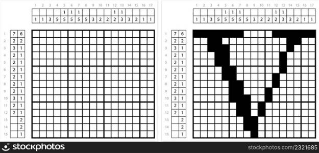Alphabet V Nonogram Pixel Art, Character V, Langua≥Letter Graphemes Symbol Vector Art Illustration, Logic Puzz≤Game Gridd≤rs, Pic-A-Pix, Picture Pa∫By Numbers, Picross