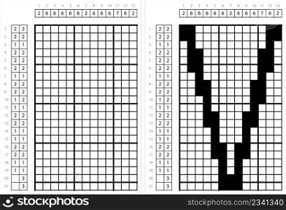 Alphabet V Nonogram Pixel Art, Character V, Language Letter Graphemes Symbol Vector Art Illustration, Logic Puzzle Game Griddlers, Pic-A-Pix, Picture Paint By Numbers, Picross