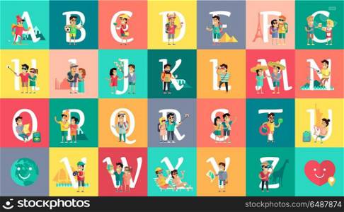 Alphabet Vacation Vector Flat Design Concept. Alphabet vacation concept. Flat design. ABC vector with peoples on vacation. Simple letters and human resting characters collection. Summer leisure and entertainments illustrations. World trip.
