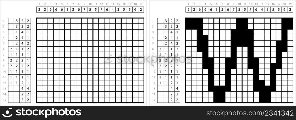 Alphabet w Lowercase Nonogram Pixel Art, Character w, Language Letter Graphemes Symbol Vector Art Illustration, Logic Puzzle Game Griddlers, Pic-A-Pix, Picture Paint By Numbers, Picross