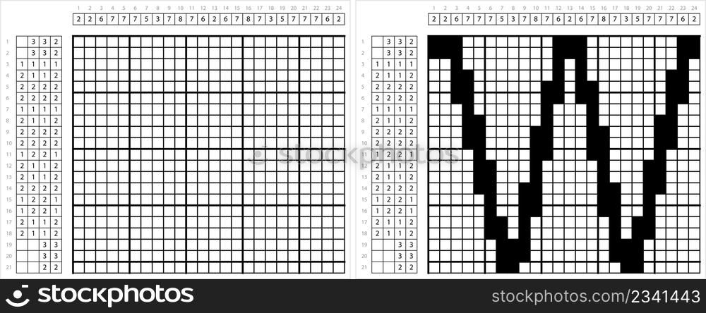 Alphabet W Nonogram Pixel Art, Character W, Language Letter Graphemes Symbol Vector Art Illustration, Logic Puzzle Game Griddlers, Pic-A-Pix, Picture Paint By Numbers, Picross