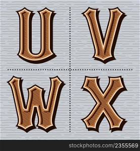 Alphabet western letters vintage design vector (u, v, w, x)