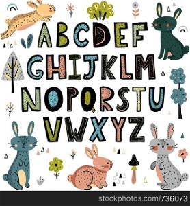 Alphabet with cute rabbits. Hand drawn letters from A to Z. Vector illustration