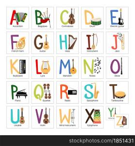 Alphabet with different musical instruments