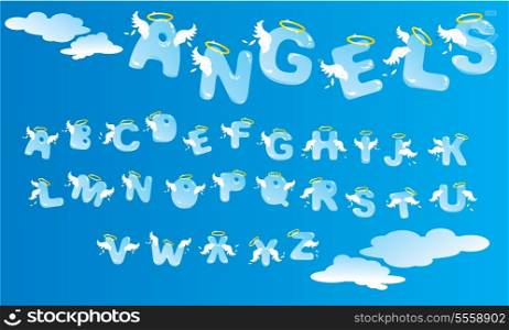 Alphabet with funny angels letters and clouds