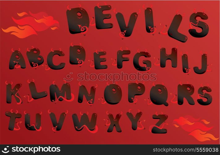 Alphabet with funny demons letters and fire