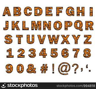 alphabet with tiger skin texture. tiger alphabets and numbers on white background. tiger font.