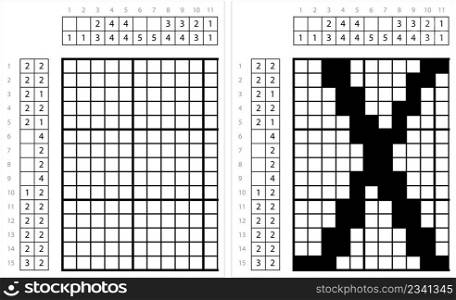Alphabet x Lowercase Nonogram Pixel Art, Character x, Language Letter Graphemes Symbol Vector Art Illustration, Logic Puzzle Game Griddlers, Pic-A-Pix, Picture Paint By Numbers, Picross
