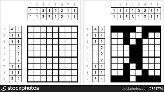 Alphabet X Lowercase Nonogram Pixel Art, Character X, Language Letter Graphemes Symbol Vector Art Illustration, Logic Puzzle Game Griddlers, Pic-A-Pix, Picture Paint By Numbers, Picross
