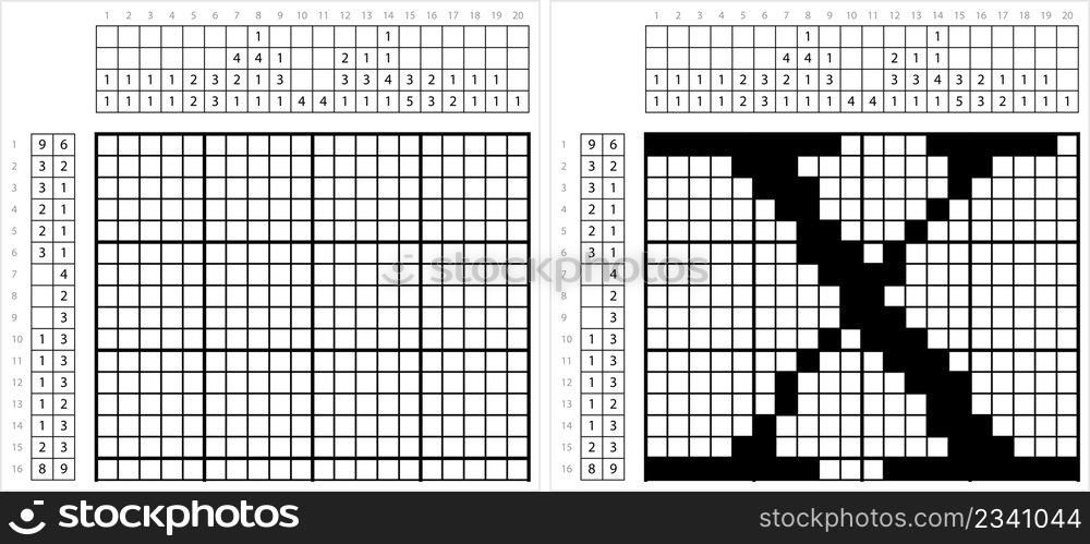 Alphabet X Nonogram Pixel Art, Character X, Language Letter Graphemes Symbol Vector Art Illustration, Logic Puzzle Game Griddlers, Pic-A-Pix, Picture Paint By Numbers, Picross