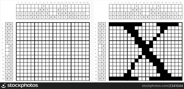 Alphabet X Nonogram Pixel Art, Character X, Language Letter Graphemes Symbol Vector Art Illustration, Logic Puzzle Game Griddlers, Pic-A-Pix, Picture Paint By Numbers, Picross
