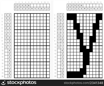 Alphabet y Lowercase Nonogram Pixel Art, Character y, Language Letter Graphemes Symbol Vector Art Illustration, Logic Puzzle Game Griddlers, Pic-A-Pix, Picture Paint By Numbers, Picross