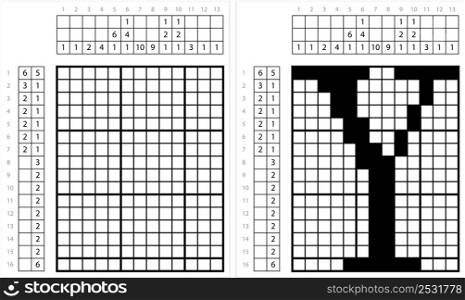 Alphabet Y Nonogram Pixel Art, Character Y, Language Letter Graphemes Symbol Vector Art Illustration, Logic Puzzle Game Griddlers, Pic-A-Pix, Picture Paint By Numbers, Picross