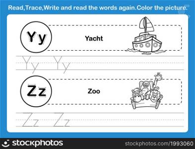 Alphabet Y-Z exercise with cartoon vocabulary for coloring book illustration, vector