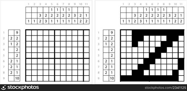 Alphabet z Lowercase Nonogram Pixel Art, Character z, Language Letter Graphemes Symbol Vector Art Illustration, Logic Puzzle Game Griddlers, Pic-A-Pix, Picture Paint By Numbers, Picross