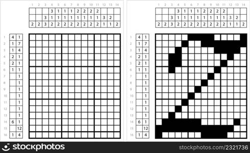 Alphabet Z Nonogram Pixel Art, Character Z, Language Letter Graphemes Symbol Vector Art Illustration, Logic Puzzle Game Griddlers, Pic-A-Pix, Picture Paint By Numbers, Picross