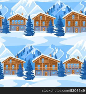 Alpine chalet houses seamless pattern. Winter resort landscape with snowy mountains and fir forest. Alpine chalet houses seamless pattern. Winter resort landscape with snowy mountains and fir forest.