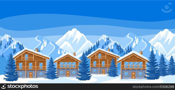 Alpine chalet houses. Winter resort illustration. Beautiful landscape with snowy mountains and fir forest. Alpine chalet houses. Winter resort illustration. Beautiful landscape with snowy mountains and fir forest.