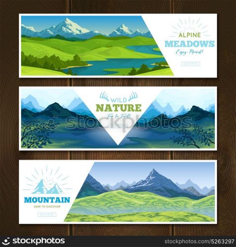 Alpine Meadows Banners Set. Set of horizontal nature landscape banners with mountain scenery decorative title text and read more button vector illustration