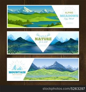Alpine Meadows Banners Set. Set of horizontal nature landscape banners with mountain scenery decorative title text and read more button vector illustration