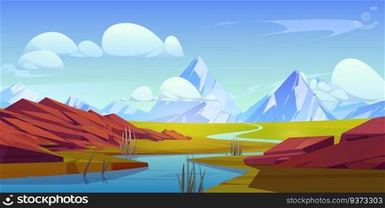 Alpine mountain valley landscape with river. Vector cartoon illustration of water flowing from rocky range, green grass and stone hills on banks, blue sky with clouds. Travel adventure background. Alpine mountain valley landscape with river