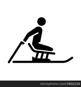 Alpine skiing black glyph icon. Winter season activity. Professional extreme sports. Athletes slide using mono skis. Disabled sportsman. Silhouette symbol on white space. Vector isolated illustration. Alpine skiing black glyph icon