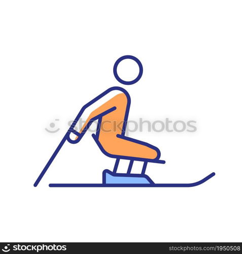 Alpine skiing RGB color icon. Winter season activity. Professional extreme sports. Athletes slide using mono skis. Disabled sportsman. Isolated vector illustration. Simple filled line drawing. Alpine skiing RGB color icon