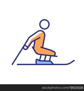 Alpine skiing RGB color icon. Winter season activity. Professional extreme sports. Athletes slide using mono skis. Disabled sportsman. Isolated vector illustration. Simple filled line drawing. Alpine skiing RGB color icon