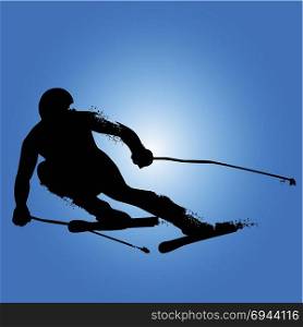 Alpine Skiing Silhouette isolated on blue background. Vector illustrations