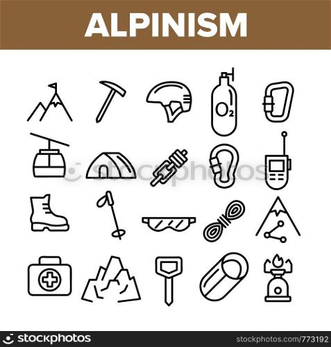 Alpinism And Mountaineering Equipment Vector Linear Icons Set. Alpinism Extreme Hobby Outline Symbols Pack. Mountain Climbing, Hiking Instruments And Tools Isolated Contour Illustrations. Alpinism And Mountaineering Equipment Vector Linear Icons Set