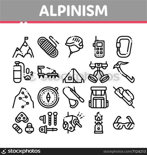 Alpinism Collection Elements Vector Icons Set Thin Line. Compass And Glasses, Mountain Direction And Burner Mountaineering Alpinism Equipment Concept Linear Pictograms. Black Contour Illustrations. Alpinism Collection Elements Vector Icons Set