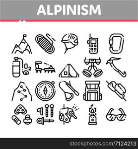 Alpinism Collection Elements Vector Icons Set Thin Line. Compass And Glasses, Mountain Direction And Burner Mountaineering Alpinism Equipment Concept Linear Pictograms. Black Contour Illustrations. Alpinism Collection Elements Vector Icons Set