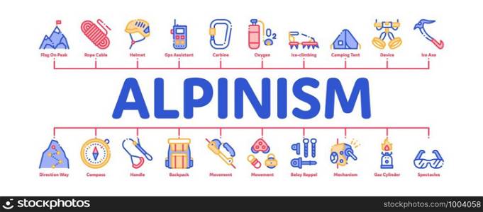 Alpinism Minimal Infographic Web Banner Vector. Compass And Glasses, Mountain Direction And Burner Mountaineering Alpinism Equipment Concept Linear Pictograms. Contour Illustrations. Alpinism Minimal Infographic Banner Vector