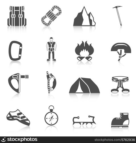 Alpinist cartoon character icon with climber harness tools compass and gear black pictograms composition abstract vector illustration. Climber gear equipment icons black