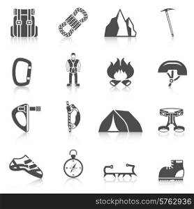 Alpinist cartoon character icon with climber harness tools compass and gear black pictograms composition abstract vector illustration. Climber gear equipment icons black