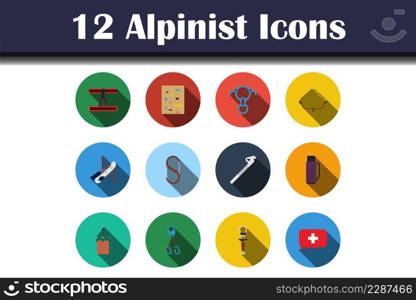 Alpinist Icon Set. Flat Design With Long Shadow. Vector illustration.