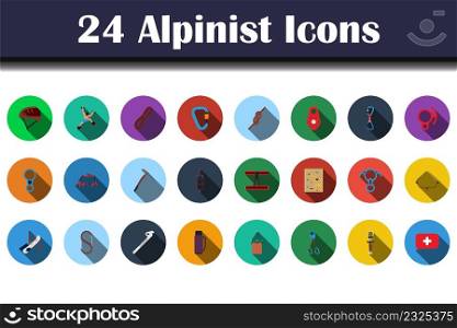 Alpinist Icon Set. Flat Design With Long Shadow. Vector illustration.
