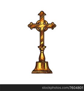 Altar Crucifix cross, Christian church religious symbol. Vector Christianity Orthodox and Catholic church ceremony and mass icon. Christianity altar cross, religious symbol