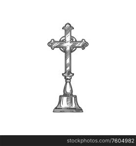 Altar Crucifix cross, Christian church religious symbol. Vector Christianity Orthodox and Catholic church ceremony and mass icon. Christianity altar cross, religious symbol