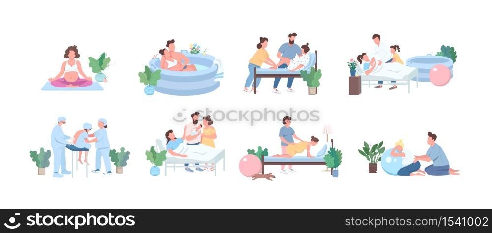 Alternative birth flat color vector faceless character set. Training for pregnant woman. Young couple with baby isolated cartoon illustration for web graphic design and animation collection. Alternative birth flat color vector faceless character set