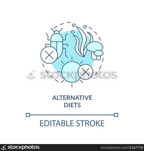 Alternative diets turquoise concept icon. Food security approaches abstract idea thin line illustration. Isolated outline drawing. Editable stroke. Arial, Myriad Pro-Bold fonts used. Alternative diets turquoise concept icon