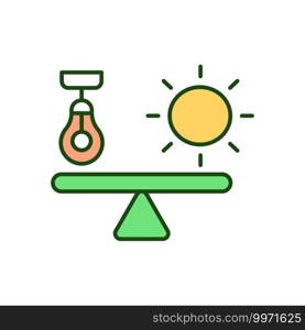Alternative electricity power RGB color icon. Renewable energy source. Sunlight power for electric generation. Sustainable technology. Lightbulb vs sunlight energy. Isolated vector illustration. Alternative electricity power RGB color icon