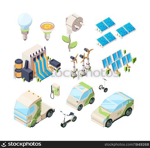 Alternative energy set. Solar panels green chargers industrial eco systems windmill modern isometric vector set. Solar power energy, electric conservation industry illustration. Alternative energy set. Solar panels green chargers industrial eco systems windmill modern isometric vector set