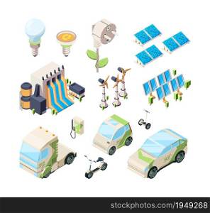 Alternative energy set. Solar panels green chargers industrial eco systems windmill modern isometric vector set. Solar power energy, electric conservation industry illustration. Alternative energy set. Solar panels green chargers industrial eco systems windmill modern isometric vector set