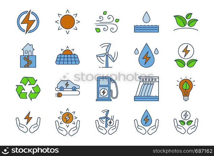 Alternative energy sources color icons set. Eco power. Renewable resources. Water, solar, thermal, wind energy. Isolated vector illustrations. Alternative energy sources color icons set