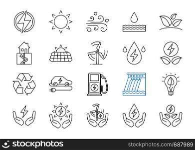 Alternative energy sources linear icons set. Eco power. Renewable resources. Water, solar, thermal, wind energy. Thin line contour symbols. Isolated vector outline illustrations. Editable stroke. Alternative energy sources linear icons set