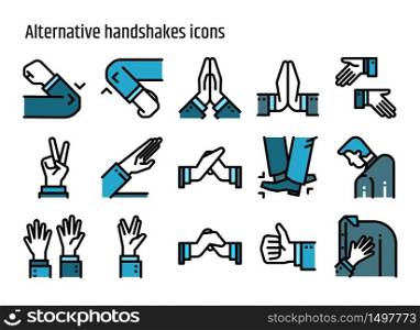 Alternative handshake color line icons vector set. Creative greeting avoid Coronavirus 2019-nCov, Covid-19.