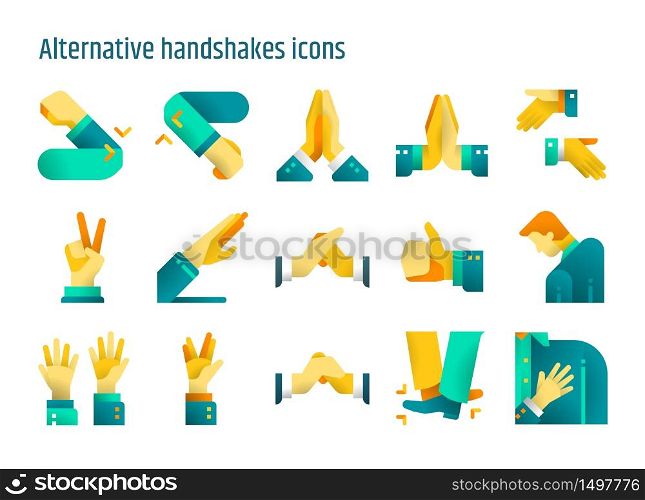 Alternative handshake conept flat icons vector set. Creative greeting avoid Coronavirus 2019-nCov, Covid-19.